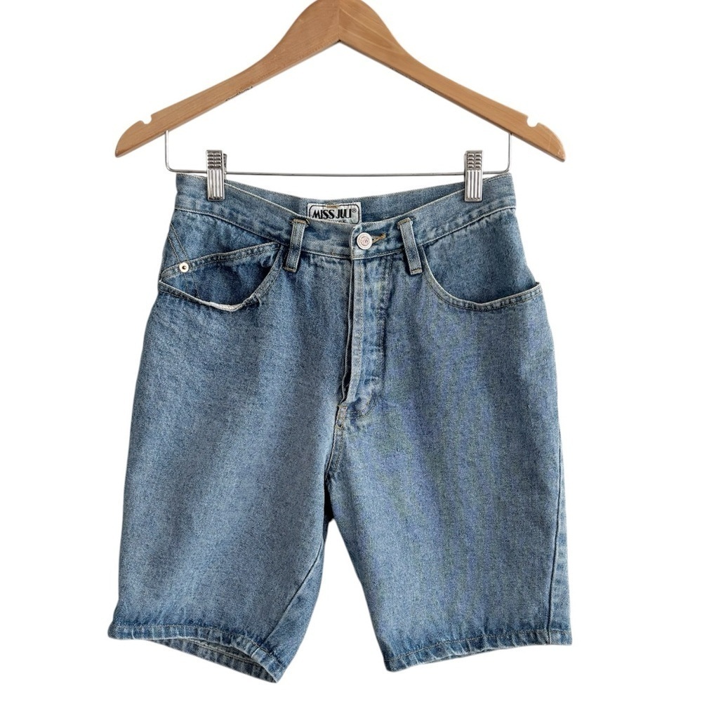 Vintage Cotton Ramie High Rise Long Button Fly Denim Bermuda Shorts